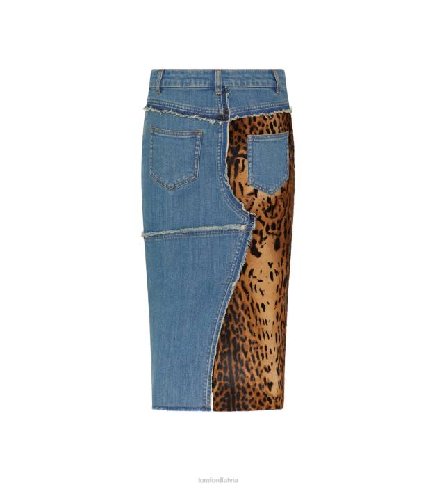 TOM FORD sievietes indigo + bēšs/brūns džinsu un teļu matu zīmuļu svārki HTNR1274