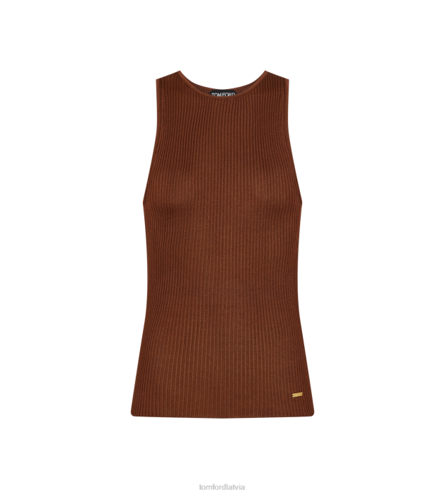 TOM FORD sievietes kakao brūns spīdīga viskozes ribu adīta augšdaļa HTNR1191