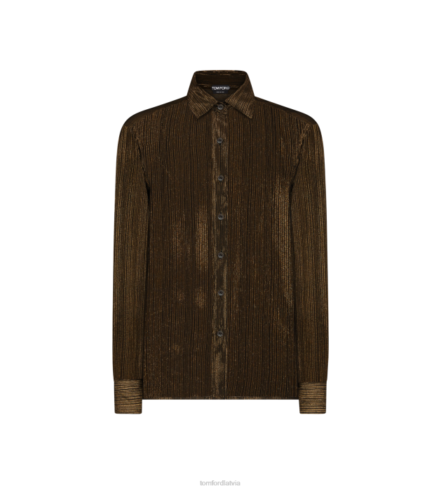 TOM FORD sievietes melnais zelts lurex mikrosvītras zīda šifona krekls HTNR1180