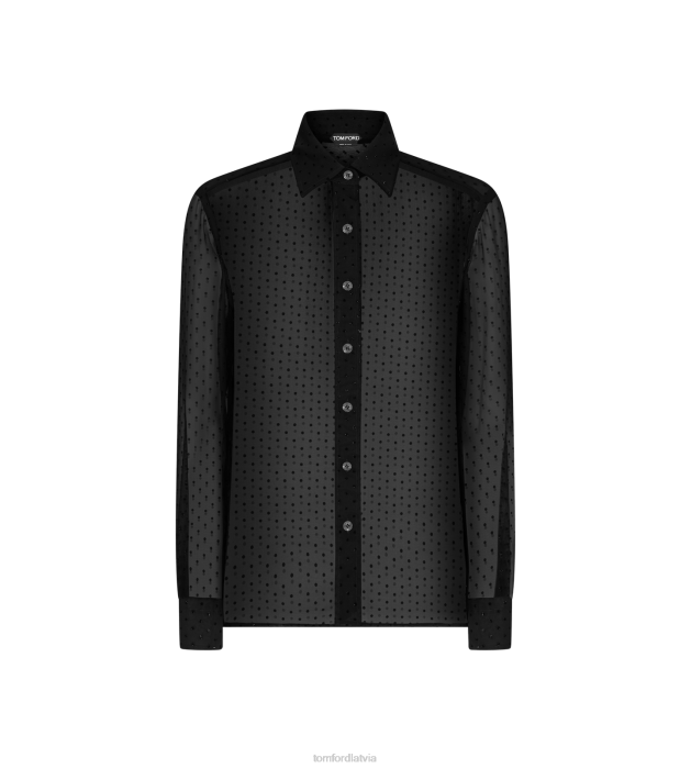 TOM FORD sievietes melns flocked polka dots zīda šifona krekls HTNR1145