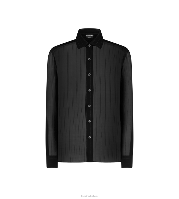 TOM FORD sievietes melns lurex svītrains zīda žoržeta krekls HTNR1194