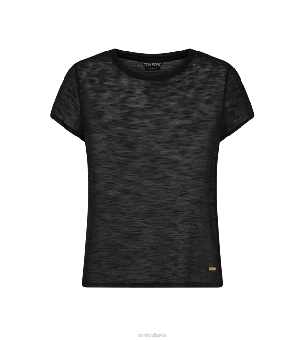 TOM FORD sievietes melns slub kokvilnas džersija t-krekls ar apkakli HTNR1157