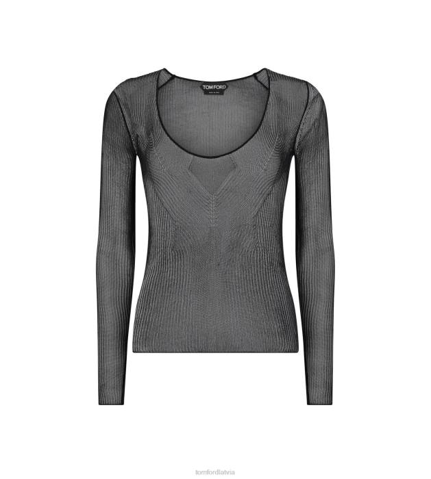 TOM FORD sievietes melns smalks zīda ribu plats crewneck tops HTNR1166