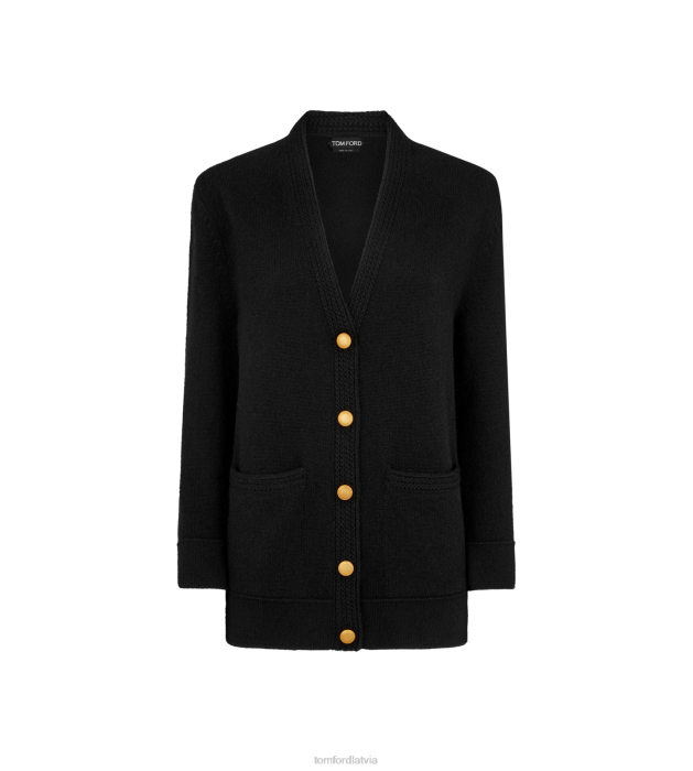 TOM FORD sievietes melns mīksts kašmira relaksēts trikotāžas jaka HTNR1243