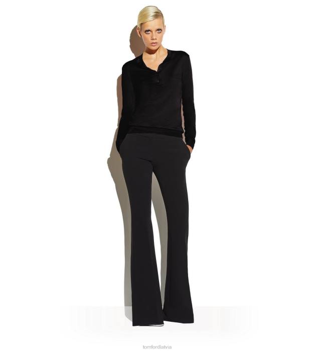 TOM FORD sievietes melns smalks kašmira zīda džemperis ar atvērtu apkakli HTNR1248