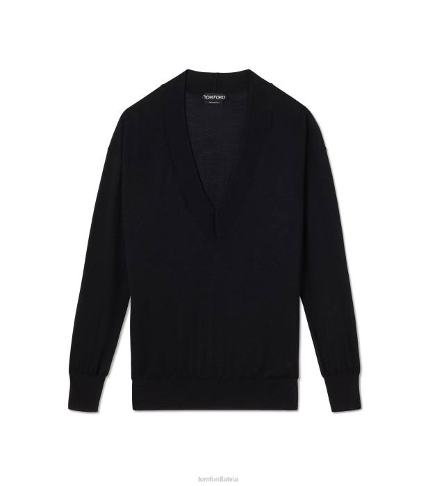 TOM FORD sievietes melns smalks kašmira zīda džemperis ar v veida kakla izgriezumu HTNR1242