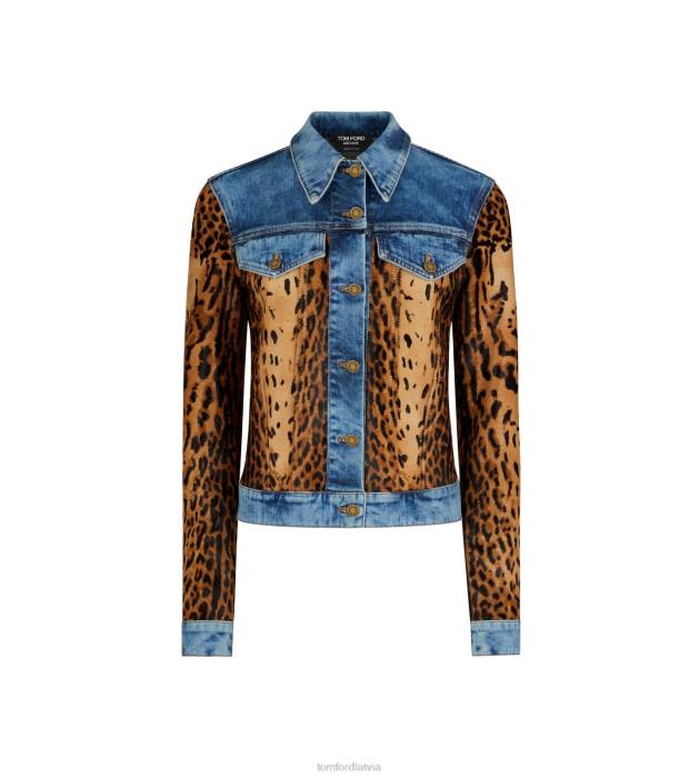 TOM FORD sievietes indigo + bēšs/brūns džinsu jaka no džinsa un teļa matiem HTNR1226