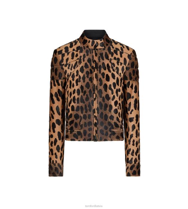 TOM FORD sievietes melns + bēšs Biker jaka ar leoparda apdruku HTNR1240