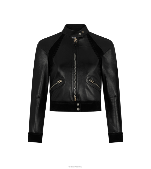 TOM FORD sievietes melns spīdīga kazas plonge un kašmira zamšādas apgriezta sacīkšu jaka HTNR1229