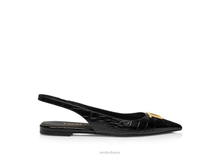 TOM FORD sievietes melns spīdīga štancēta krokodila āda tf slingback ballerina flat HTNR1357