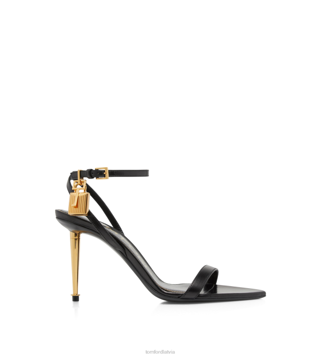 TOM FORD sievietes melns spīdīgas ādas piekaramās atslēgas smailas sandales 85mm HTNR1286