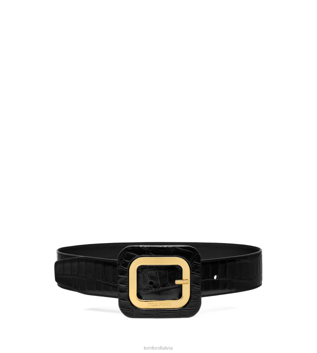 TOM FORD sievietes melns apzīmogota krokodilādas 40 mm rāmja josta HTNR1530