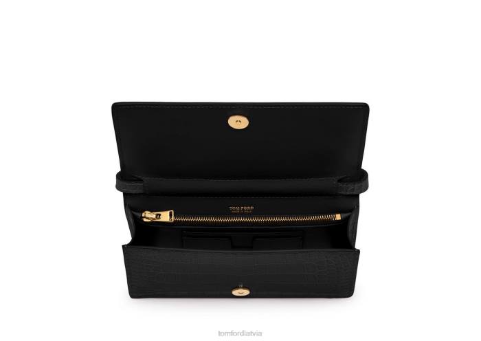 TOM FORD sievietes melns spīdīga štancēta krokodilādas tf mini soma HTNR1420