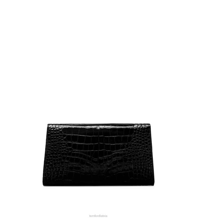 TOM FORD sievietes melns spīdīgs štancēts krokodilādas nobile sajūgs HTNR1438