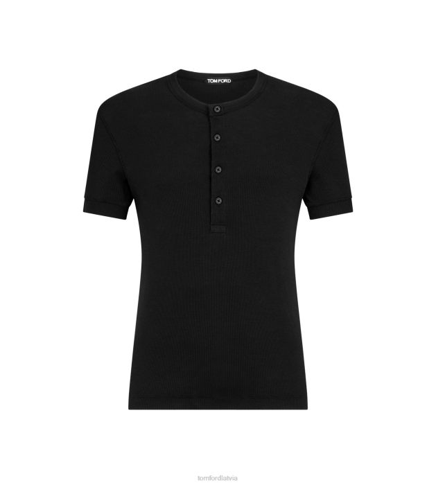 TOM FORD vīriešiem melns liocela kokvilnas ribas Henley HTNR170