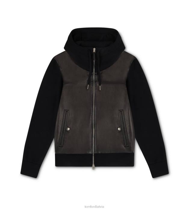 TOM FORD vīriešiem melns ādas priekšējā merino trikotāžas jaka HTNR392