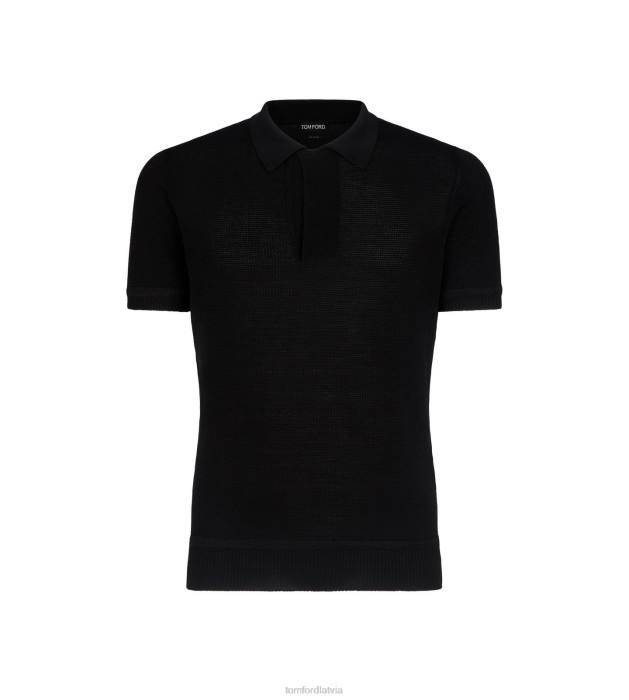 TOM FORD vīriešiem melns mikro tekstūras pikets polo HTNR360