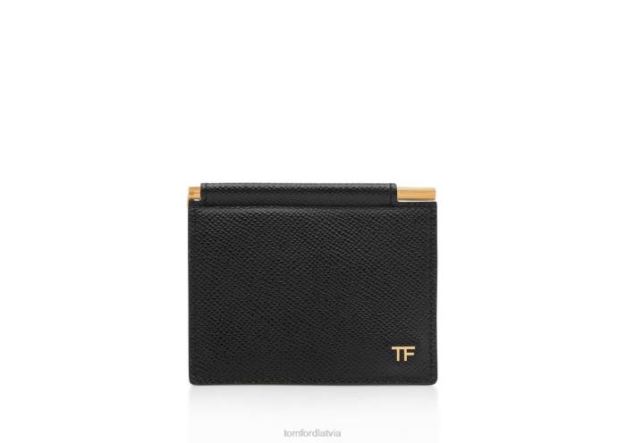 TOM FORD vīriešiem melns mazgraudains ādas saliekams naudas klips kartes turētājs HTNR791