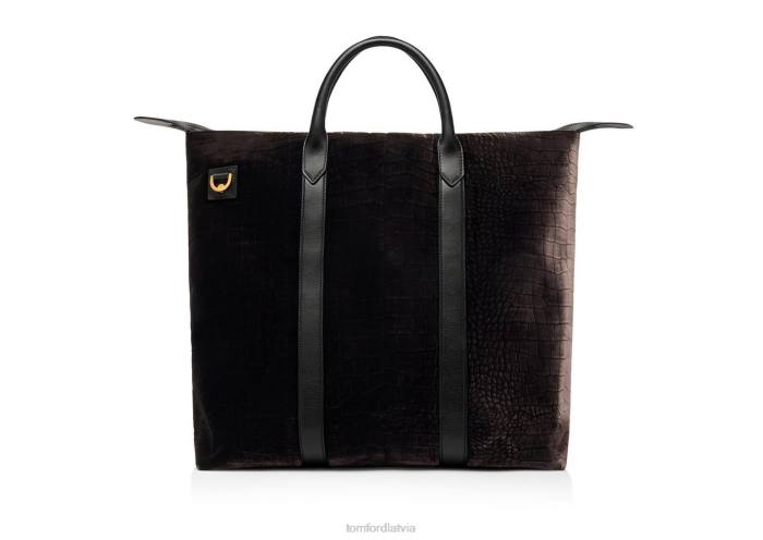 TOM FORD vīriešiem tumšā šokolāde apzīmogots Croc velvet ziemeļu dienvidu tote HTNR1036