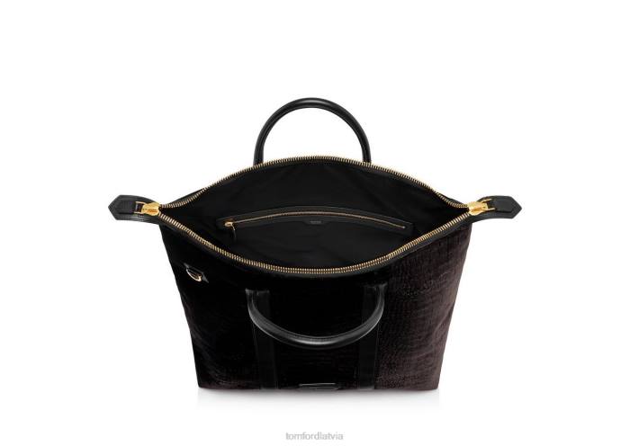 TOM FORD vīriešiem tumšā šokolāde apzīmogots Croc velvet ziemeļu dienvidu tote HTNR1036