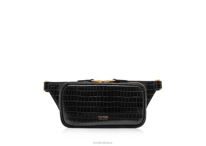 TOM FORD vīriešiem melns glancēta apdrukāta kroka maza jostas soma ar rāvējslēdzēju HTNR1006