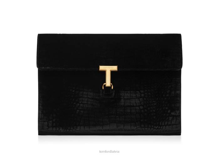 TOM FORD vīriešiem melns apzīmogots Croc velvet t pin portfolio HTNR1030